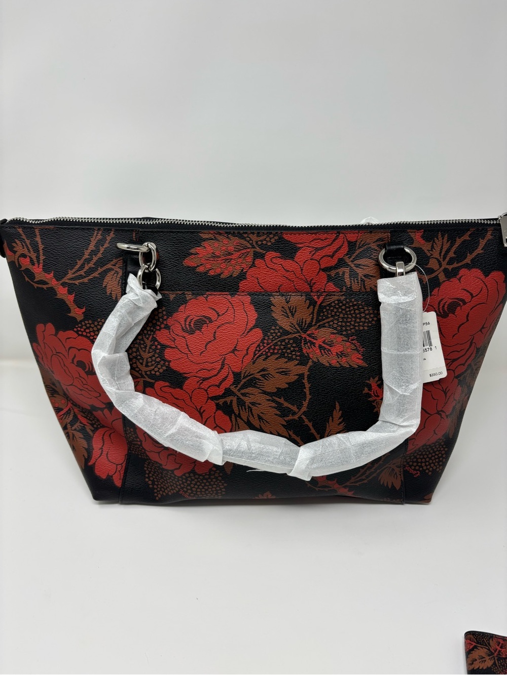 Coach Black Floral Tote with Red & Brown Accents and Wristlet - Picture 4 of 5